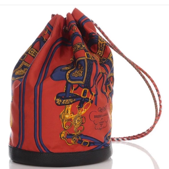 Auth HERMES Silk Soie Coeur Scarf Leather Backpack Sling Bucket Drawstring Bag main image 5